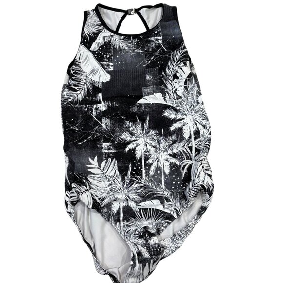 Sylvia P Balmy Black & White Palm Print One-Piece Leotard Strappy Back Girls 12 - Picture 3 of 6